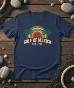 Gulf of Mexico Est. 1550 retro sunset design t-shirt with palm trees and vintage font