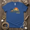 Gulf of Mexico Est. 1550 retro t-shirt design featuring a sunset, waves, palm trees, and vintage typography