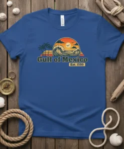 Gulf of Mexico Est. 1550 retro t-shirt design featuring a sunset, waves, palm trees, and vintage typography