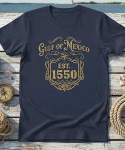 Gulf of Mexico EST. 1550 vintage crest design on navy t-shirt, featuring compass rose and rope detail