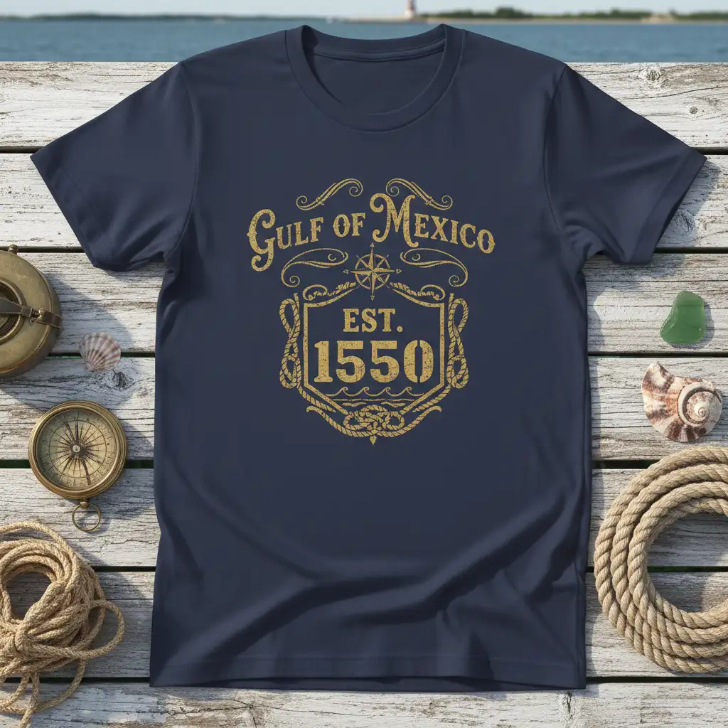 Gulf of Mexico EST. 1550 vintage crest with compass rose and rope detail on navy t-shirt
