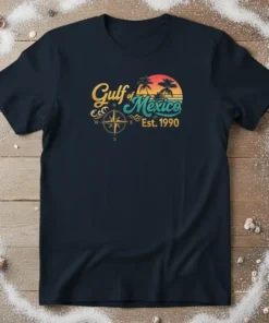 Retro Gulf of Mexico Est. 1990 t-shirt design with sunset, palm trees, and compass graphic