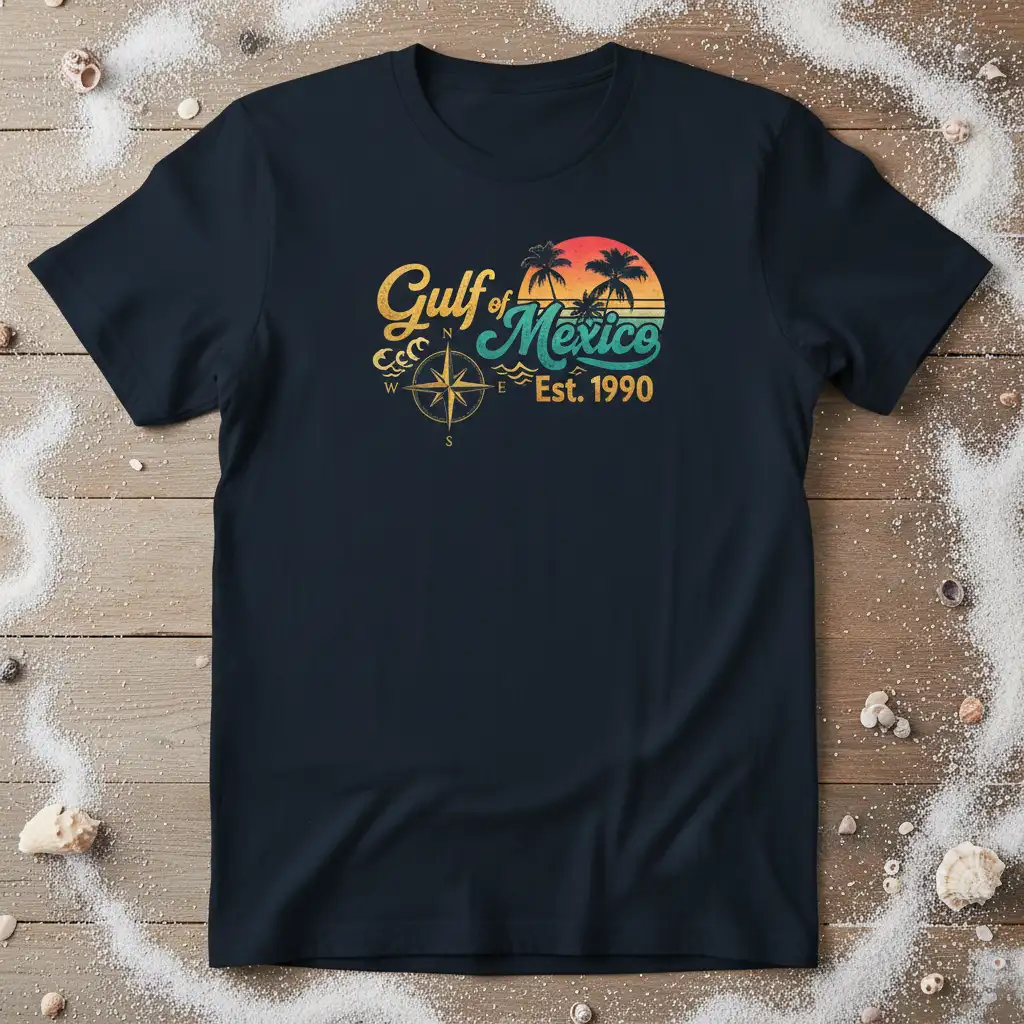 Retro Gulf of Mexico Est. 1990 design with vintage sunset, palm trees, and compass