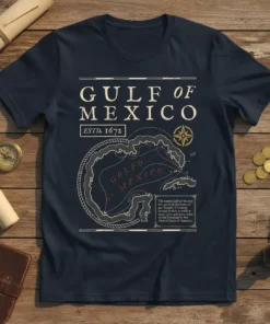 Vintage Gulf of Mexico Estd 1672 map t-shirt with nautical compass and rope border design
