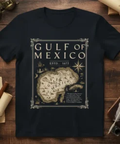 Gulf of Mexico ESTD.. 1672 vintage map t-shirt design with historical details and nautical elements