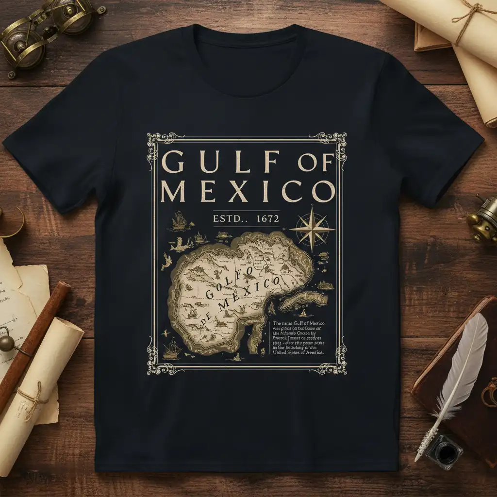 Gulf of Mexico ESTD.. 1672 vintage map design on a t-shirt, showing historical cartography and text