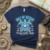 Gulf of Mexico Foxtrot Delta Tango t-shirt design featuring a sea turtle, anchors, coral, and text, navy blue color