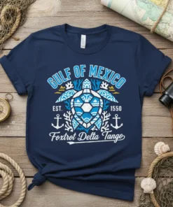Gulf of Mexico Foxtrot Delta Tango t-shirt design featuring a sea turtle, anchors, coral, and text, navy blue color