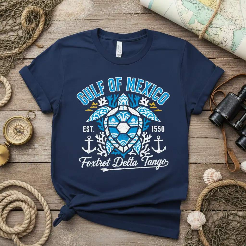 Gulf of Mexico Foxtrot Delta Tango text design with sea turtle, anchors, and coral graphic