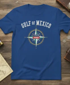 Gulf of Mexico Since 1550 vintage compass t-shirt design in royal blue