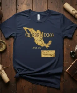 Gulf of Mexico map graphic with text "Gulf of Mexico Since 1590" and historical origin details, vintage style