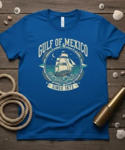 Gulf of Mexico Since 1672 t-shirt with vintage sailing ship and compass graphic