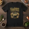 Gumbo Weather t-shirt design featuring a pot of gumbo with crabs and shrimp, gold glitter typography
