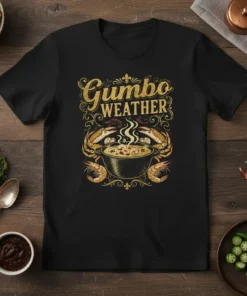Gumbo Weather t-shirt design featuring a pot of gumbo with crabs and shrimp, gold glitter typography