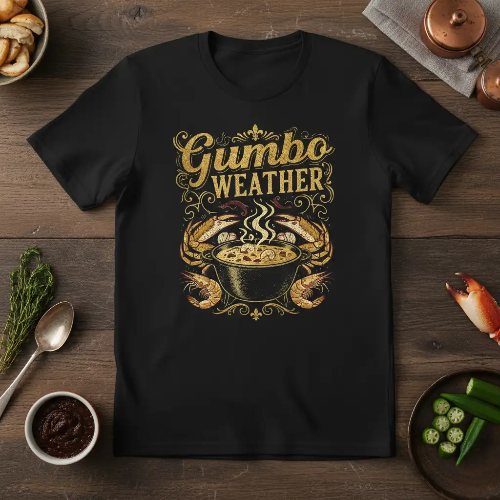 Gumbo Weather t-shirt design with decorative gold text and a steaming gumbo pot surrounded by crabs and shrimp
