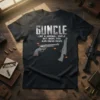 Black t-shirt with "GUNCLE LIKE A NORMAL UNCLE BUT MORE FUN AND OWNS GUNS" text and images of revolvers and