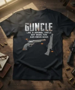 Black t-shirt with "GUNCLE LIKE A NORMAL UNCLE BUT MORE FUN AND OWNS GUNS" text and images of revolvers and