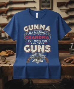Gunma Like A Normal Grandma But More Fun And Owns Guns T-Shirt design with vintage distressed typography and crossed pistols