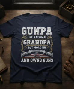 Gunpa Like A Normal Grandpa But More Fun And Owns Guns text design on navy blue t-shirt with vintage rifles