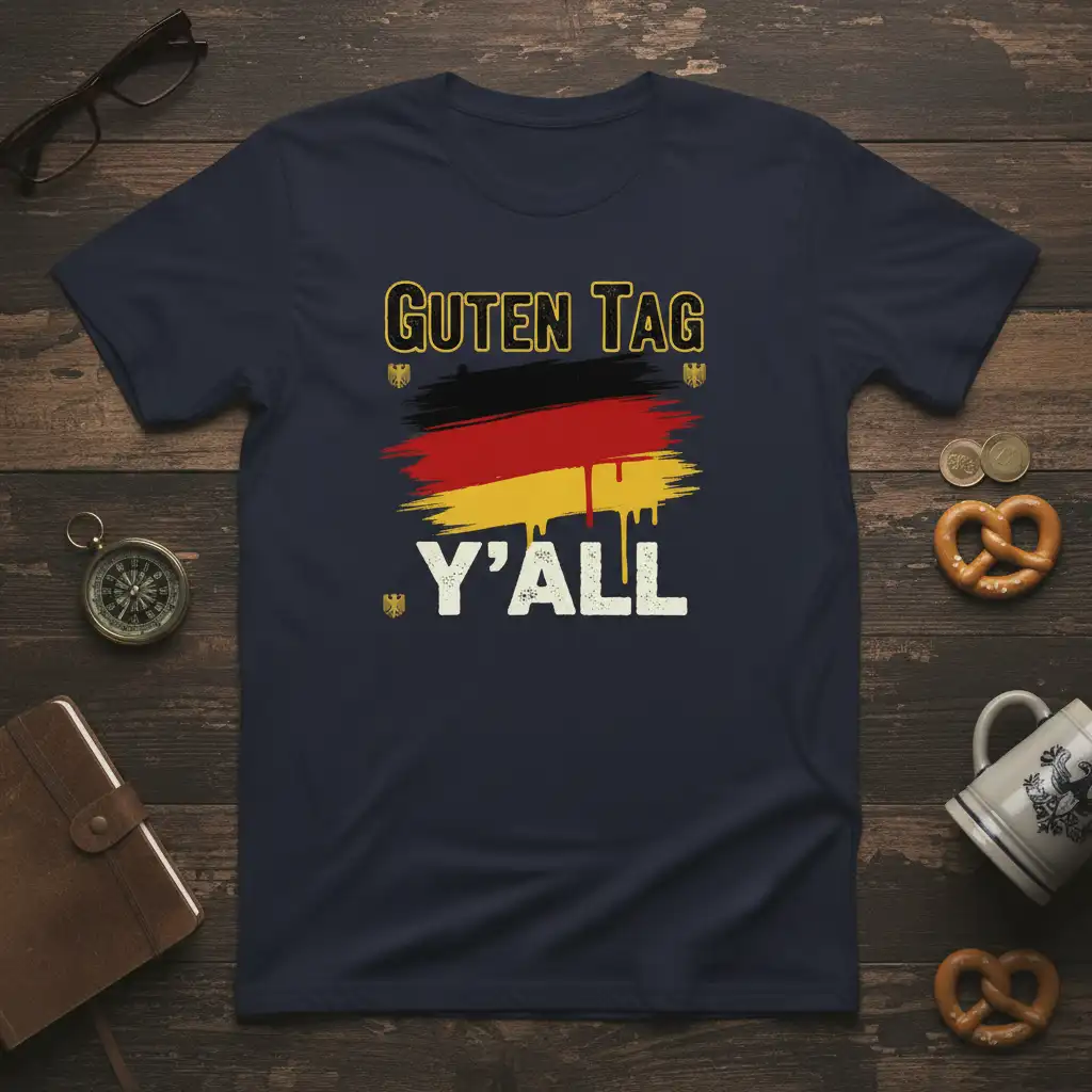 Guten Tag Y'all t-shirt design featuring a distressed German flag and bold lettering