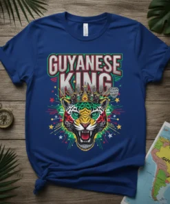 Guyanese King text above a jaguar's head wearing a crown, with Guyana flag colors and starbursts