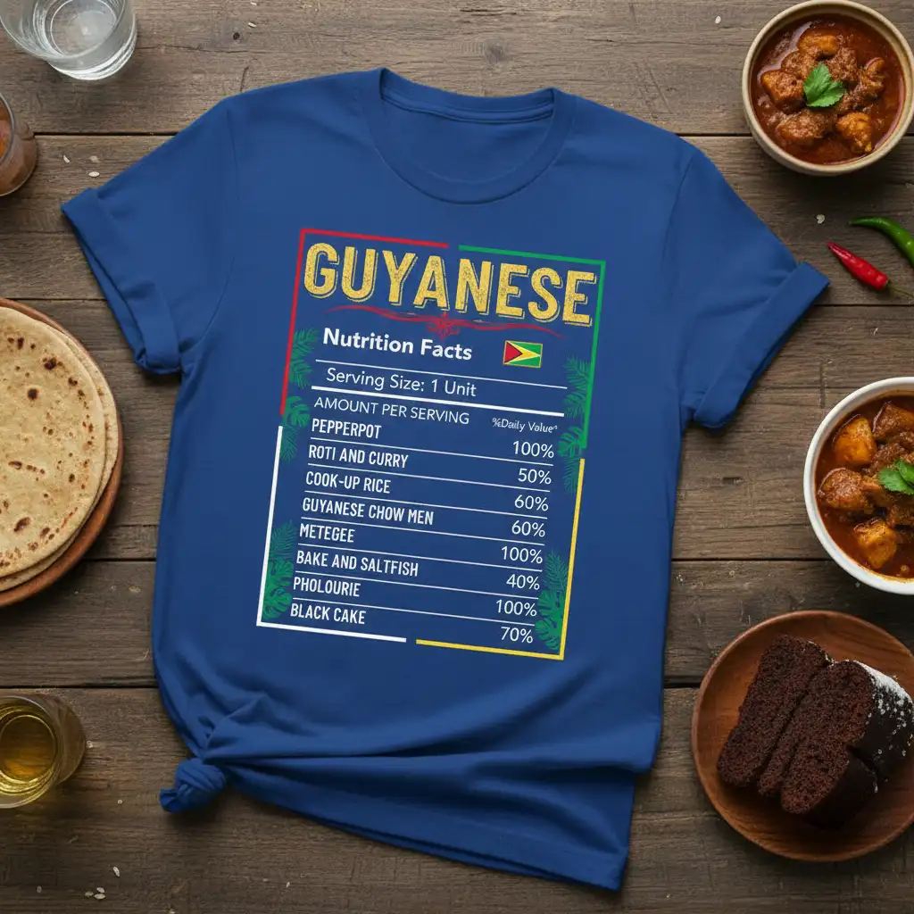 GUYANESE Nutrition Facts Serving quote printed with creative illustration on quality cotton blend t-shirt design