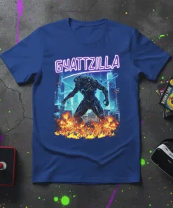Gyattzilla neon text above a fire-breathing cyborg monster in a futuristic city, featured on a blue t-shirt