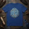 Gye Nyame Adinkra symbol with intricate gold pattern and blue neon outline on a navy blue t-shirt