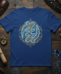 Gye Nyame Adinkra symbol with intricate gold pattern and blue neon outline on a navy blue t-shirt