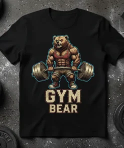Gym Bear t-shirt with a muscular cartoon bear lifting a barbell, text reads GYM BEAR