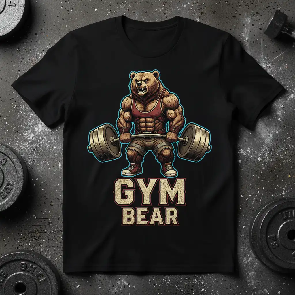 Muscular cartoon bear lifting a heavy barbell with the text GYM BEAR on a black t-shirt