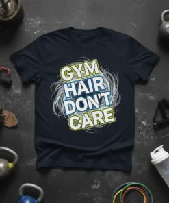 Gym Hair Don't Care quote in bold white and yellow letters on a navy t-shirt, surrounded by abstract grey and