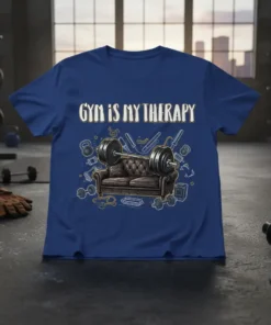 Gym Is My Therapy T-Shirt with a graphic of a weightlifting barbell on a couch, surrounded by gym equipment icons