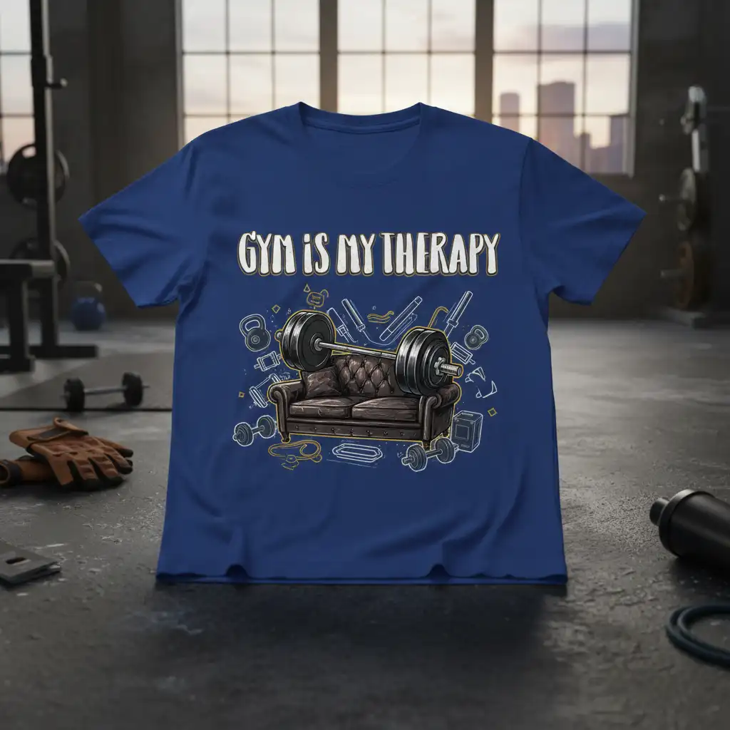 Gym Is My Therapy quote t-shirt featuring a barbell on a couch surrounded by gym equipment icons