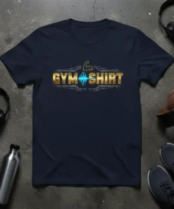 Gold and blue "GYM SHIRT" text with a dumbbell and bicep graphic, on a navy t-shirt