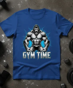 Gym Time t-shirt featuring a muscular gorilla graphic and bold text, perfect for fitness enthusiasts