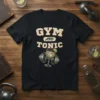 Gym and Tonic t-shirt with distressed text and a cocktail glass next to dumbbells graphic