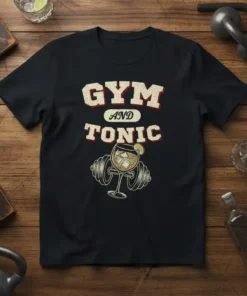 Gym and Tonic t-shirt with distressed text and a cocktail glass next to dumbbells graphic