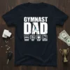 Gymnast Dad Drive Pay Clap Repeat text with icons on a navy t-shirt, highlighting a gymnast graphic