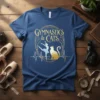 Gymnastics & Cats design featuring a ballet dancer and a cat with a heartbeat line, gold and blue colors
