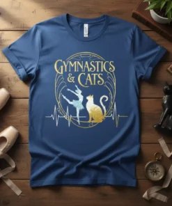 Gymnastics & Cats design featuring a ballet dancer and a cat with a heartbeat line, gold and blue colors