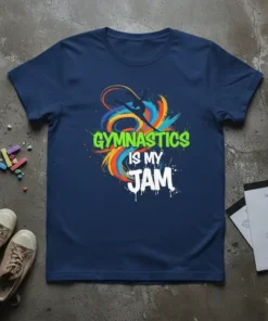 Gymnastics Is My Jam text design with a silhouette of a gymnast mid-leap, surrounded by colorful abstract brush strokes on