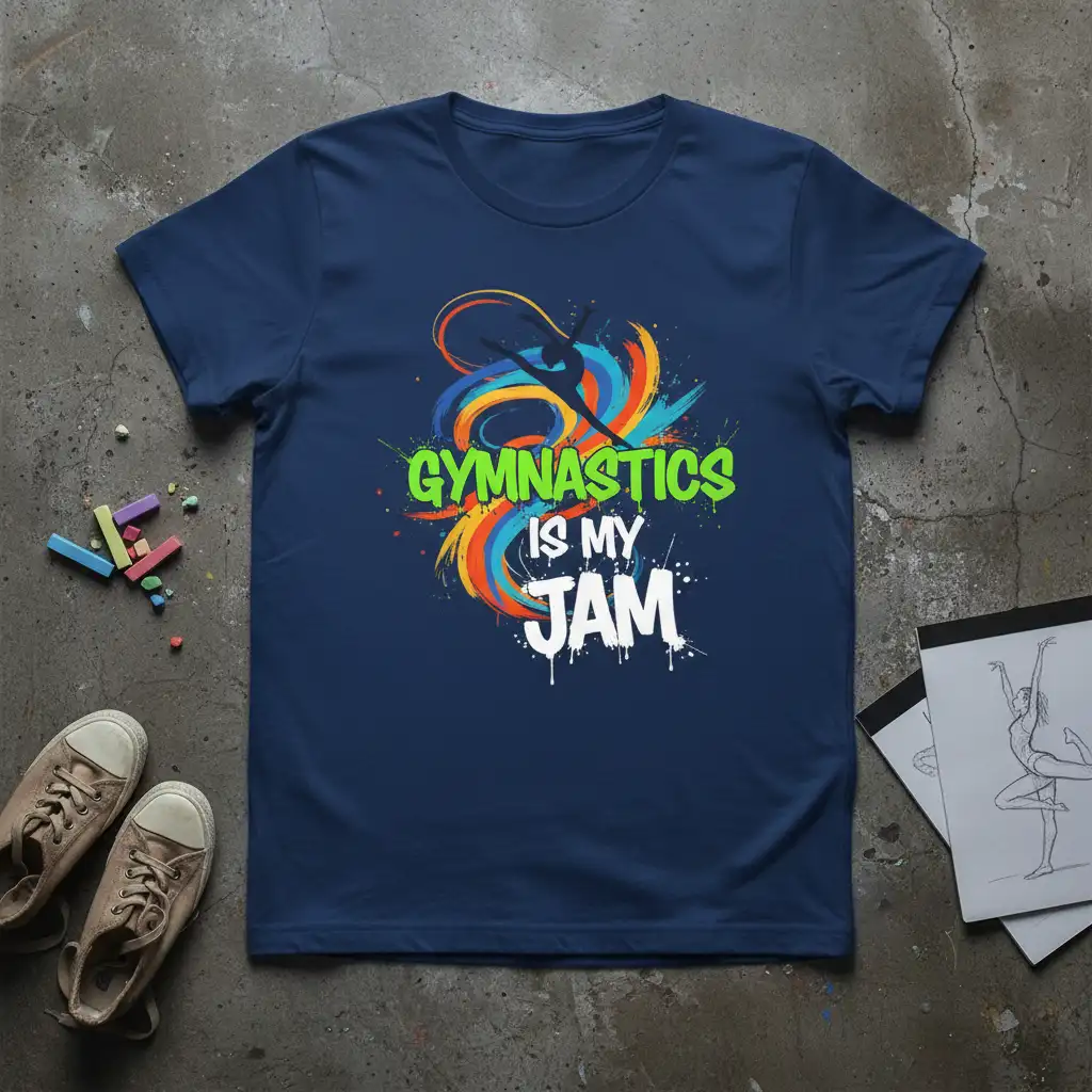 Gymnastics Is My Jam quote with a gymnast silhouette and vibrant paint splatters on a navy blue t-shirt