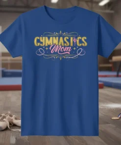 Gymnastics Mom t-shirt design with gold and pink typography and a gymnast silhouette