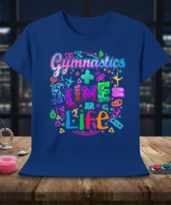 Gymnastics + Slime = Life text design with colorful neon graphics and gymnastics silhouettes on a blue t-shirt