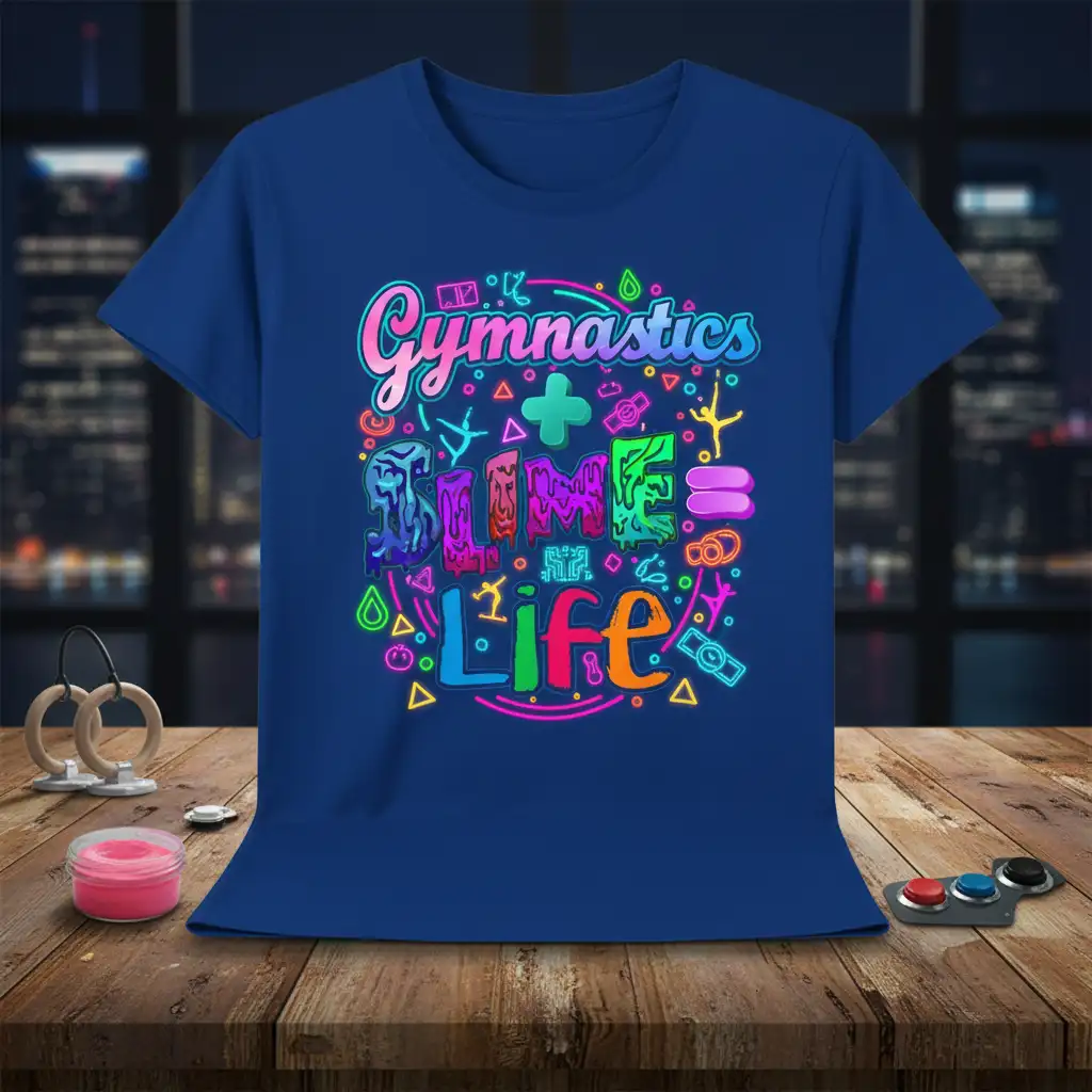 Gymnastics + Slime = Life quote with neon-style lettering and vibrant graphics, perfect for young athletes