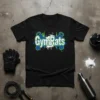 Black t-shirt with "GymRats" text in white and blue, surrounded by kettlebells and a green outline, representing gym culture