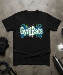 Black t-shirt with "GymRats" text in white and blue, surrounded by kettlebells and a green outline, representing gym culture