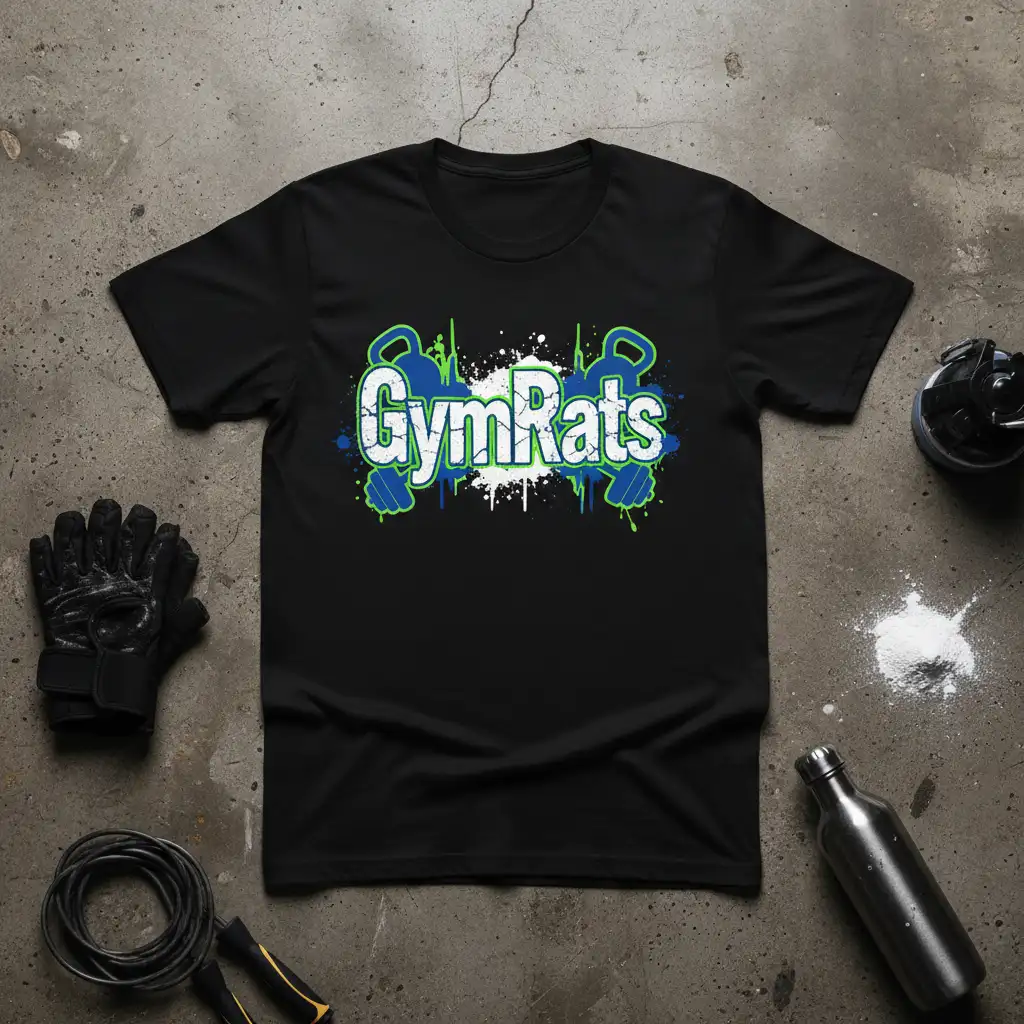 GymRats text design with kettlebells and a heartbeat graphic on a black t-shirt, perfect for gym enthusiasts