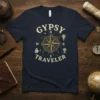Gypsy Traveler t-shirt with vintage compass, hot air balloons, and sailing ship graphics